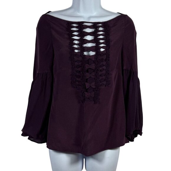 Nanette Lepore Silk Purple Long Bell Sleeve Blouse Whimsy Romantic Size 0 XS - Picture 1 of 16